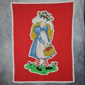 Vintage Holly Hobbie Baby Crib Quilt Red Polka Dot Girl Basket Cotton Lace Trim